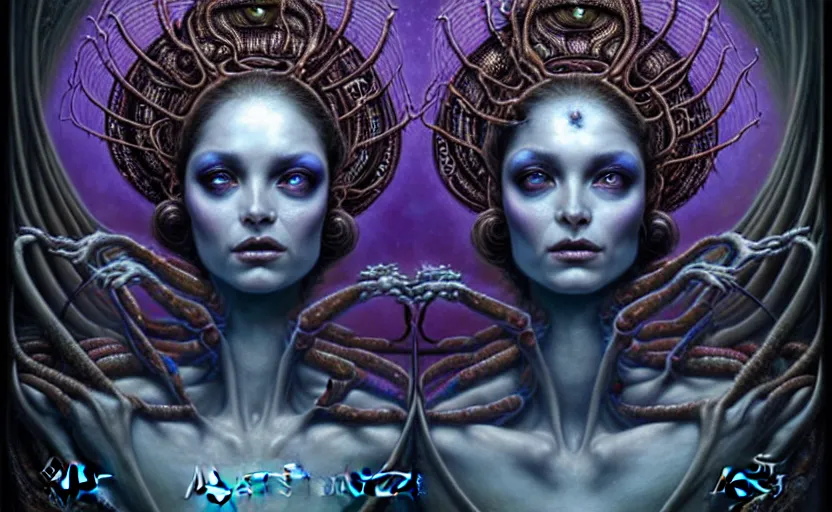 Image similar to A beautiful detailed alien goddess woman with 6 arms super dark tarot card, gorgeous model face by Stanley Artgerm, by tomasz alen kopera and Justin Gerard, 4 eyes, beautiful symmetrical features, ominous, magical realism, melting, texture, intricate, ornate, royally decorated, melting, whirling smoke, embers, purple adornments, blue torn fabric, radiant colors, fantasy, trending on artstation, volumetric lighting, micro details, 3d sculpture, ray tracing, 8k, anaglyph effect