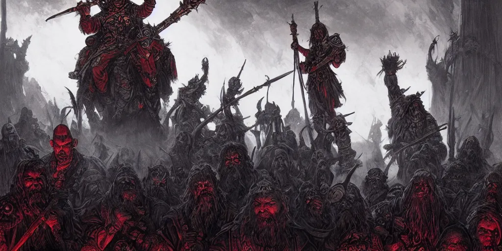 Image similar to concept art, aged dwarf warrior gang stand at the gates of hell, poster style, ornate, red, turquoise, detailed, dramatic, moody lighting, by paul pope, travis charest, gustave dore, hiroshi yoshida, moebius, artgerm, cinematic