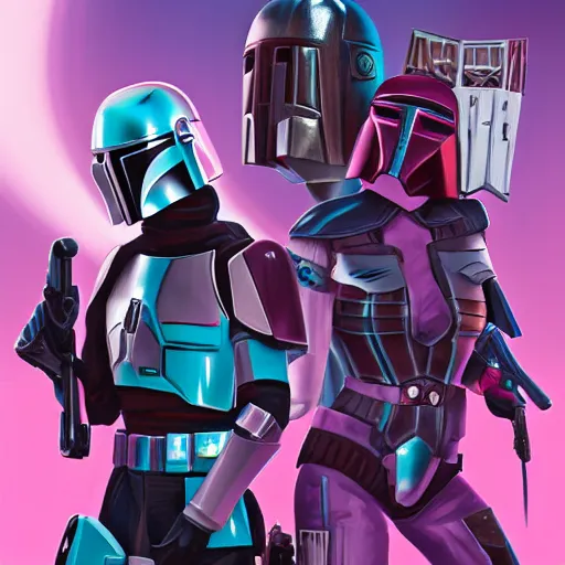 Image similar to bo katan, koska reeves, and a very fancy female mandalorian in a pink suit and bedazzled helmet. digital art. photo realistic. 4 k. intricate. detailed. by krenz cush art simon fetscher.