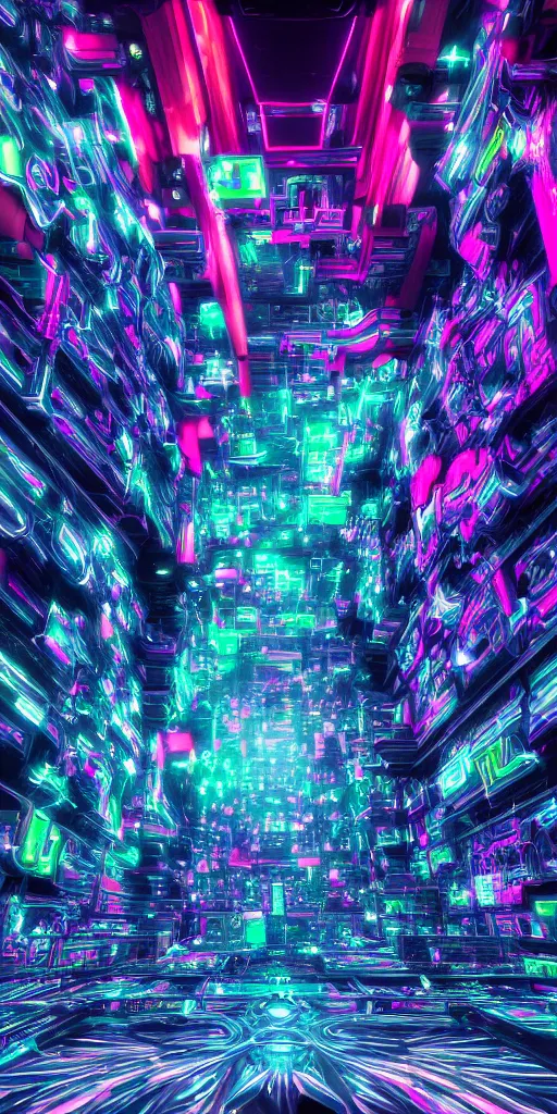 Image similar to impossibly beautiful monolithic shrine to technology that extends to the heavens, intricate complexity, psychedelic glitch art, neon paint drip, inverted color scheme, trending on art station, photoreal, 8 k, octane render