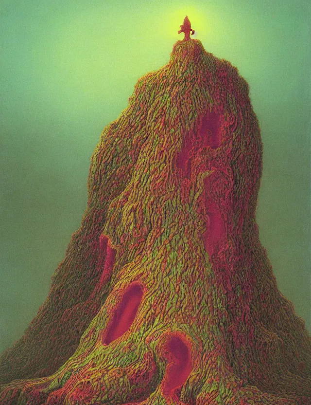 Image similar to fungal bloom monarch on ancient throne, forgotten slime mold king by zdzisław beksiński, oil painting award winning, chromatic aberration radioactive colors