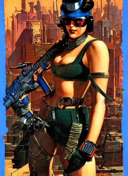 Prompt: cyberpunk mercenary. portrait by john philip falter and will eisner and gil elvgren