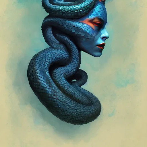 Prompt: queen of snakes, crown of snakes, top showing, blue skin, by Anato Finnstark, Tom Bagshaw, Brom