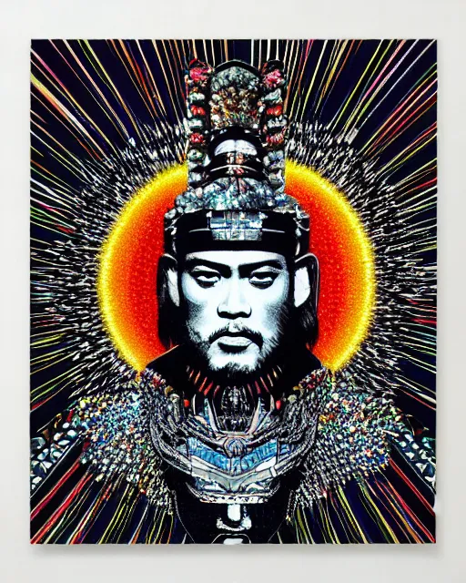 Image similar to flamboyant bling rhinestones & lame hardman ronin samurai grizzled unshaven Toshiro Mifune fullwide angle warrior stance, Swarovski dot pointillist oilpastels black paper, detailed art graphic art poster by Felipe Pantone