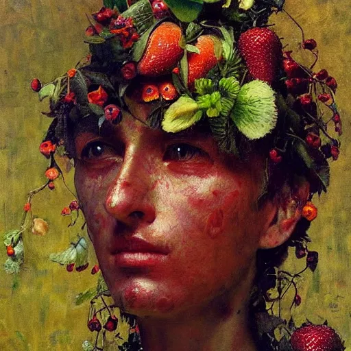 Image similar to a sculpture portrait made of kiwi and strawberries and flowers and plants, painting part by wojciech siudmak, part by ilya repin, part by max ernst, part by norman rockwell, artstation