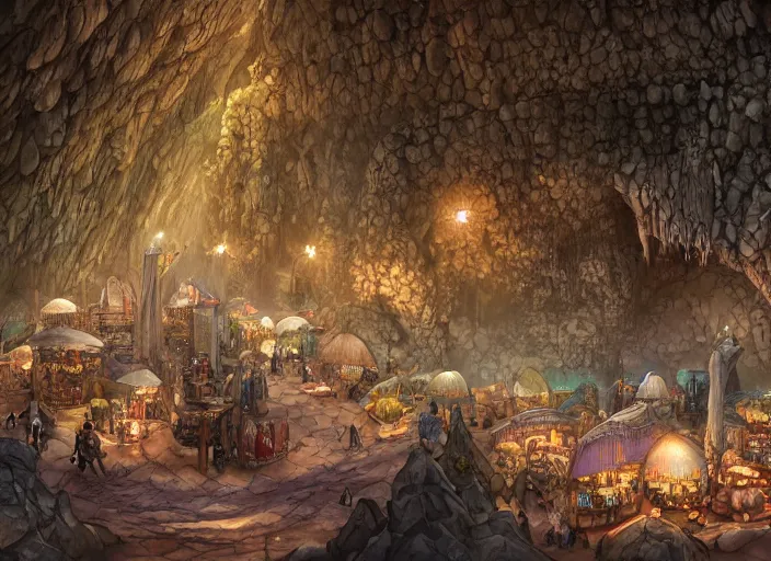 Image similar to close up view of a bustling fantasy marketplace in a large cavern by jeff darrow and moebius, earth and pastel colors, dramatic perspective, highly detailed, ultra realistic, masterpiece, 4 k, 8 k
