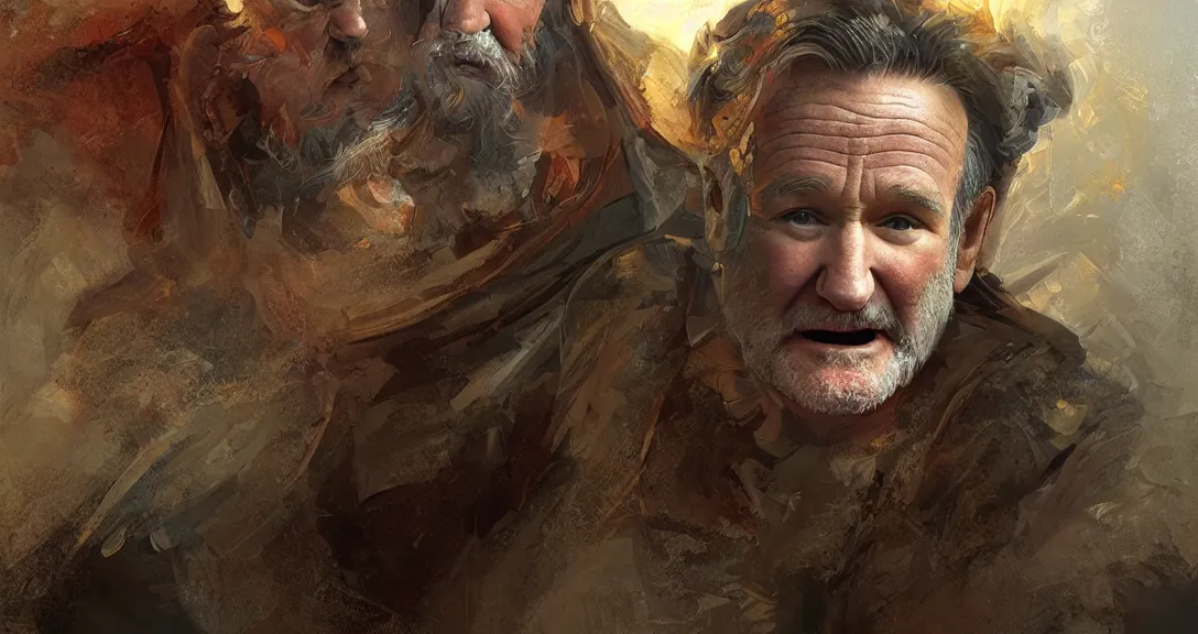 Image similar to robin williams as god, heavem, portrait, intricate, detailed, volumetric lighting, scenery, digital painting, highly detailed, artstation, sharp focus, illustration, concept art, ruan jia, steve mccurry