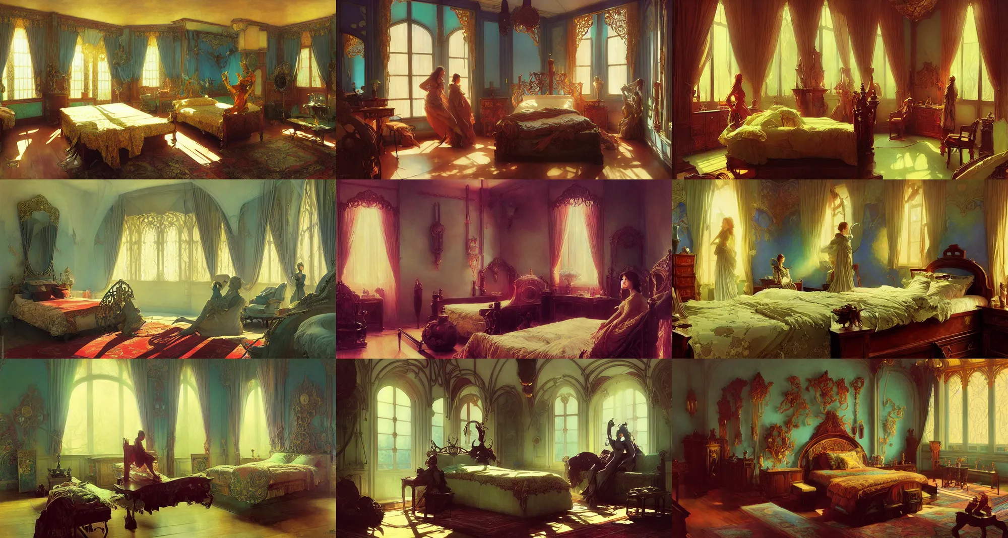 Prompt: bedroom, art nouveau style, fantasy, art by joseph leyendecker, ivan aivazovsky, ruan jia, reza afshar, marc simonetti, alphonse mucha