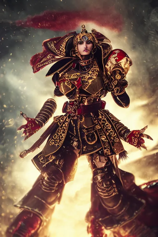 Image similar to a portrait of a adepta sororitas, warhammer 4 0 k setting, dynamic pose, close - up, intricate details, intricately detailed clothing, intricate textures, warm lighting, vivid colors, smoke and mist, realistic octane render, hyper realistic render, volumetric shading, depth of field, raytracing, 8 k,