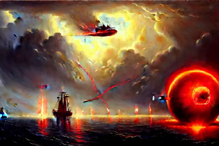 Image similar to A beautiful matte painting of huge spherical alien spaceship attacking with powerful red lasers a Sailship in ocean in thunderstorm by Greg Rutkowski and Ivan aivazovsky