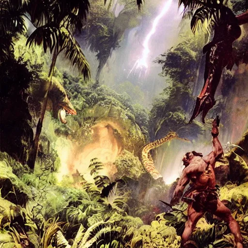 Image similar to an adventurer descends to the hollow earth, action shot, tropical forest, dinosaurs, intense lighting, painting by Frank Frazetta