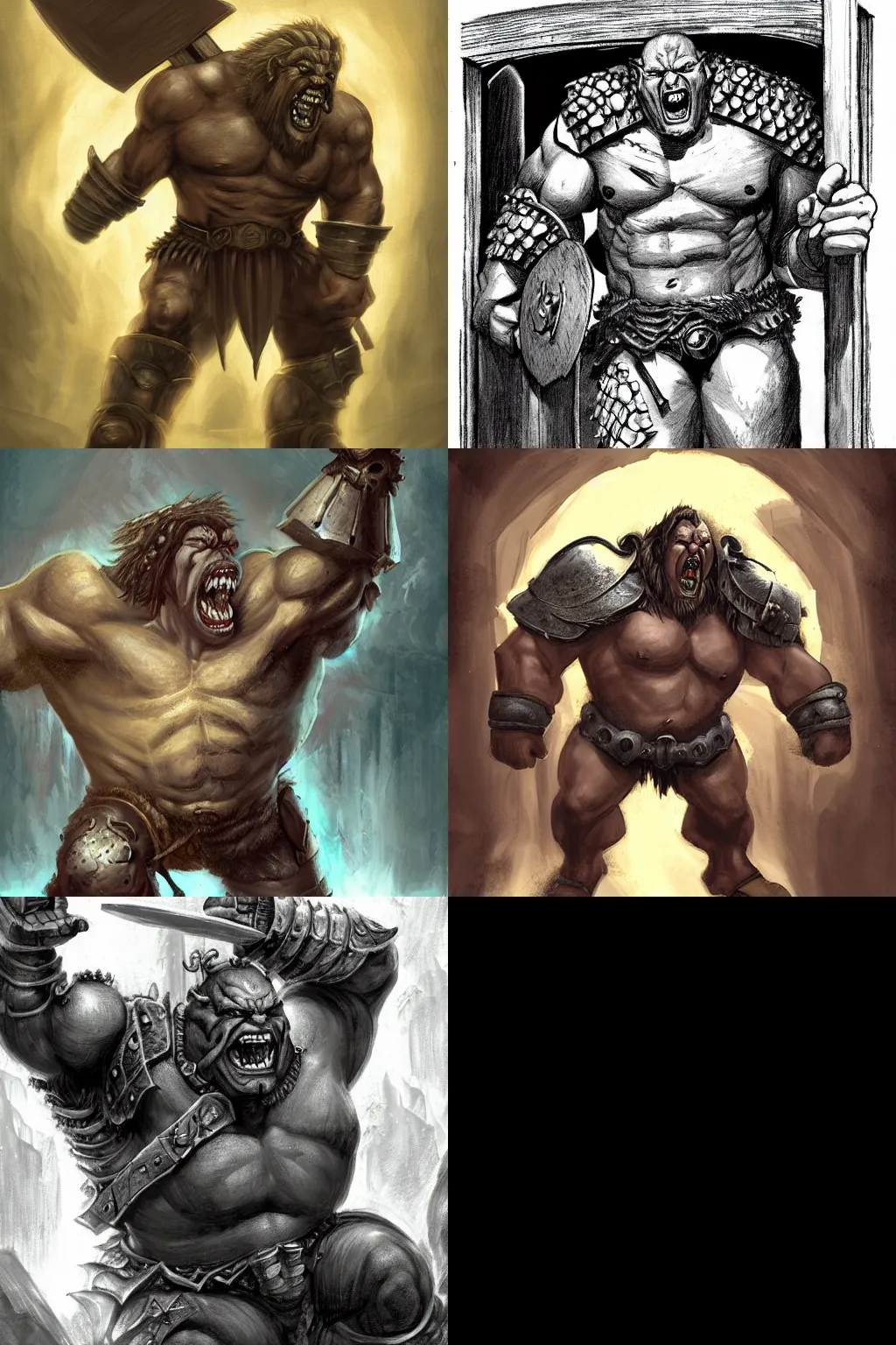 Prompt: large muscular orc wearing armor and yelling while breaking through a door, dnd, fantasy art