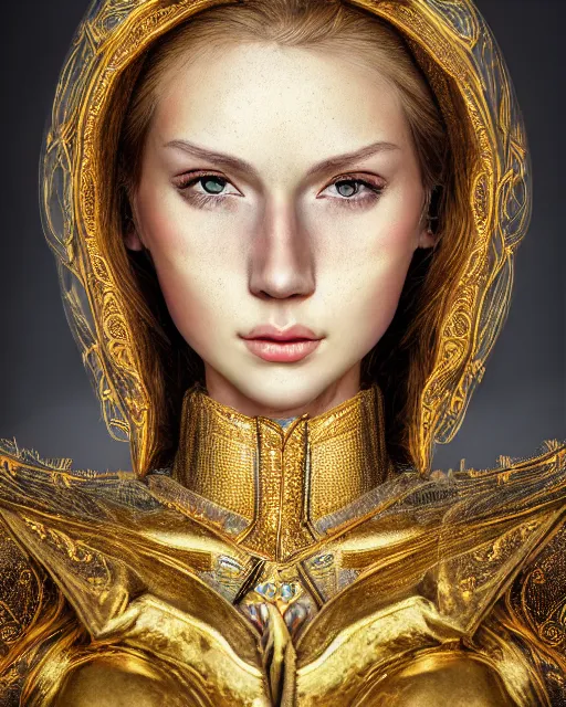 Image similar to pastel portrait of woman in shining golden armor, high production value, intricate details, high resolution, hdr, high definition, masterpiece, realistic, ultrarealistic, highly detailed, hd, sharp focus, non blurry, sharp, smooth