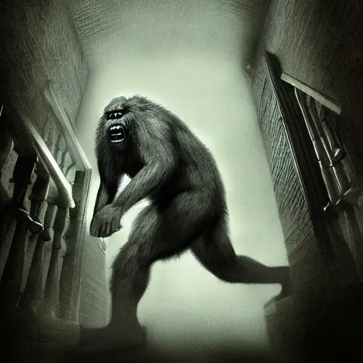 Image similar to a giant saquatch like monster running down a flight of stairs at a scared child digital art terrifying cinematic lighting movie