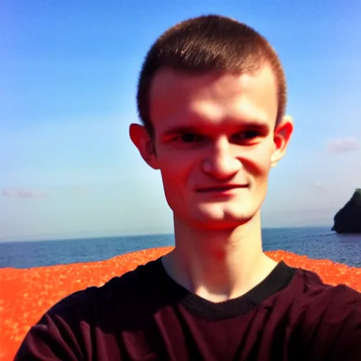 Image similar to vitalik buterin on a red beach taking a selfie