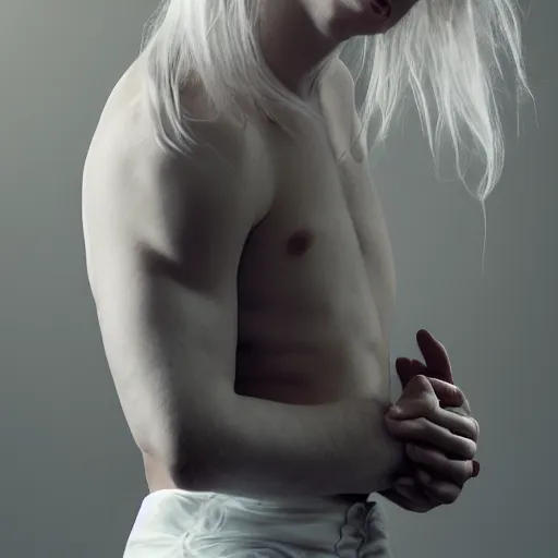 Image similar to portrait of the male model Lucius Bjornsson with beautiful long pale blond hair, albino white pale skin, posing for a photoshoot in the golden hour, white dress shirt and black miniskirt, broad shoulders and huge thick arms, ambient lighting, 4k, anime key visual, lois van baarle, ilya kuvshinov, rossdraws, artstation