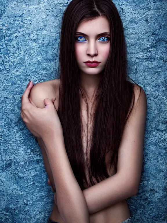 Image similar to hyperdetailed photo of a beautiful ukrainian girl with brown eyes and dark bob hairstyle, winds of winter, au naturel, blue eyes, cinematic lighting, studio quality