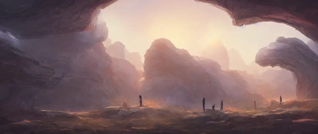 Image similar to field of large man made stone arcs, concept art, digital painting, style of jordan grimmer, warm lighting, futuristic, volumetric lighting, view from below, vivid colours, bright, daytime, godrays, high detail