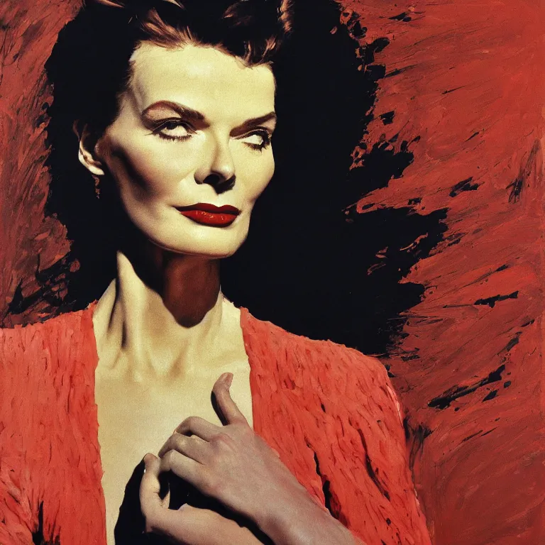 Image similar to close up studio portrait of Katherine Hepburn, age 30, gorgeous face, wearing an Issey Miyake dress in 1985, impasto heavy brushstrokes oil painting by Norman Rockwell and Tim Hawkinson and Cy Twombly, Intense colors trending on artstation dramatic lighting Expressionism