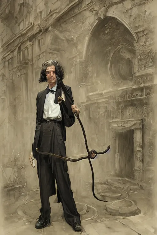 Image similar to skinny man with a cane, long dark hair, 1 9 2 0 s fashion, elegant, highly detailed, intricate, smooth, sharp focus, artstation, digital paining, concept art, art by donato giancola, greg rutkowski, artgerm, cedric peyravernay, valentina remenar, craig mullins