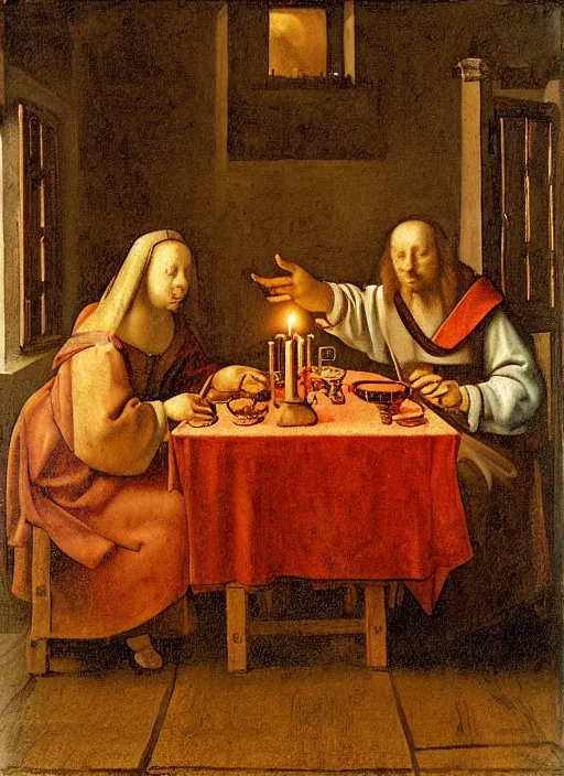 Image similar to a candlelit table at the inn, two people sitting at the table, swirling smoke, dark smoke, realistic, in the style of leonardo da vinci, dutch golden age, amsterdam, medieval painting by jan van eyck, johannes vermeer, florence