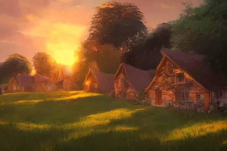 Image similar to sunset over the cottages in the shire, ghibli, artstation, award wining, rutkowski, shinkai