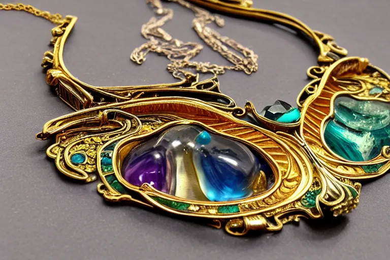 Prompt: highly detailed oil painting, front view, very realistic gemstones, art nouveau, ornate, delicate, brilliant precious gemstones necklace, necklace on display in an oval, dramatic light,
