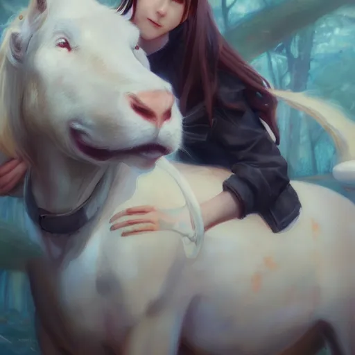 Prompt: a person hugging a large white animal, a detailed painting by krenz cushart, pixiv contest winner, fantasy art, official art, detailed painting, pixiv. highly detailed. 4 k masterpiece.