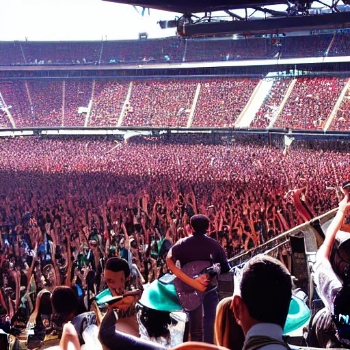 Image similar to rbd band playing on stage in estadio azteca, photograph, widelens, highly detailed, crowded audience, noon, sunlight