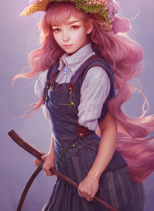 Image similar to full body portrait of a magical farmer girl. detailed face, concept art, intricate, highly detailed 8 k, smooth, sharp focus, beautiful and aesthetic shape of face and body, artgerm, artstation, art by zexi guo and nira and junpei suzuki and gharliera and rinotuna