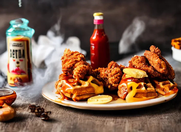 Image similar to dslr food photograph of a belgian waffle with fried chicken on top drizzled with maple syrup and a bottle of hot sauce on the side, 8 5 mm f 1. 8