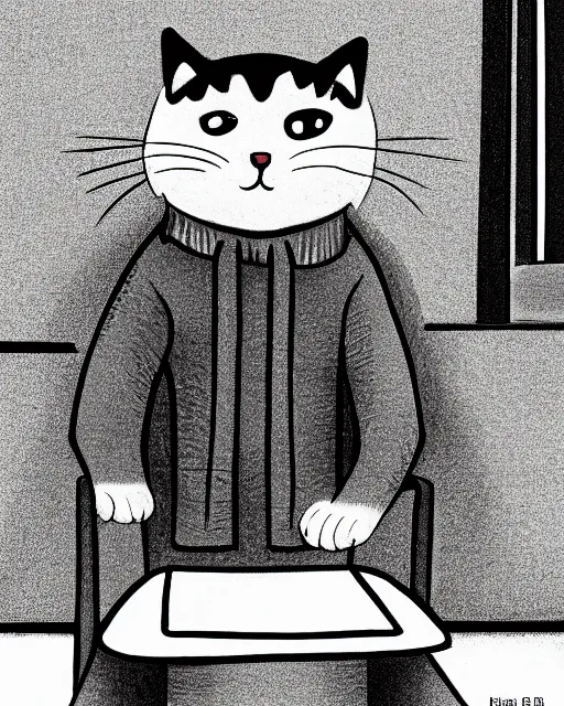 Image similar to a cat seated on the subway, cross-legged. White background. New Yorker cartoon. B&W. Black and white.