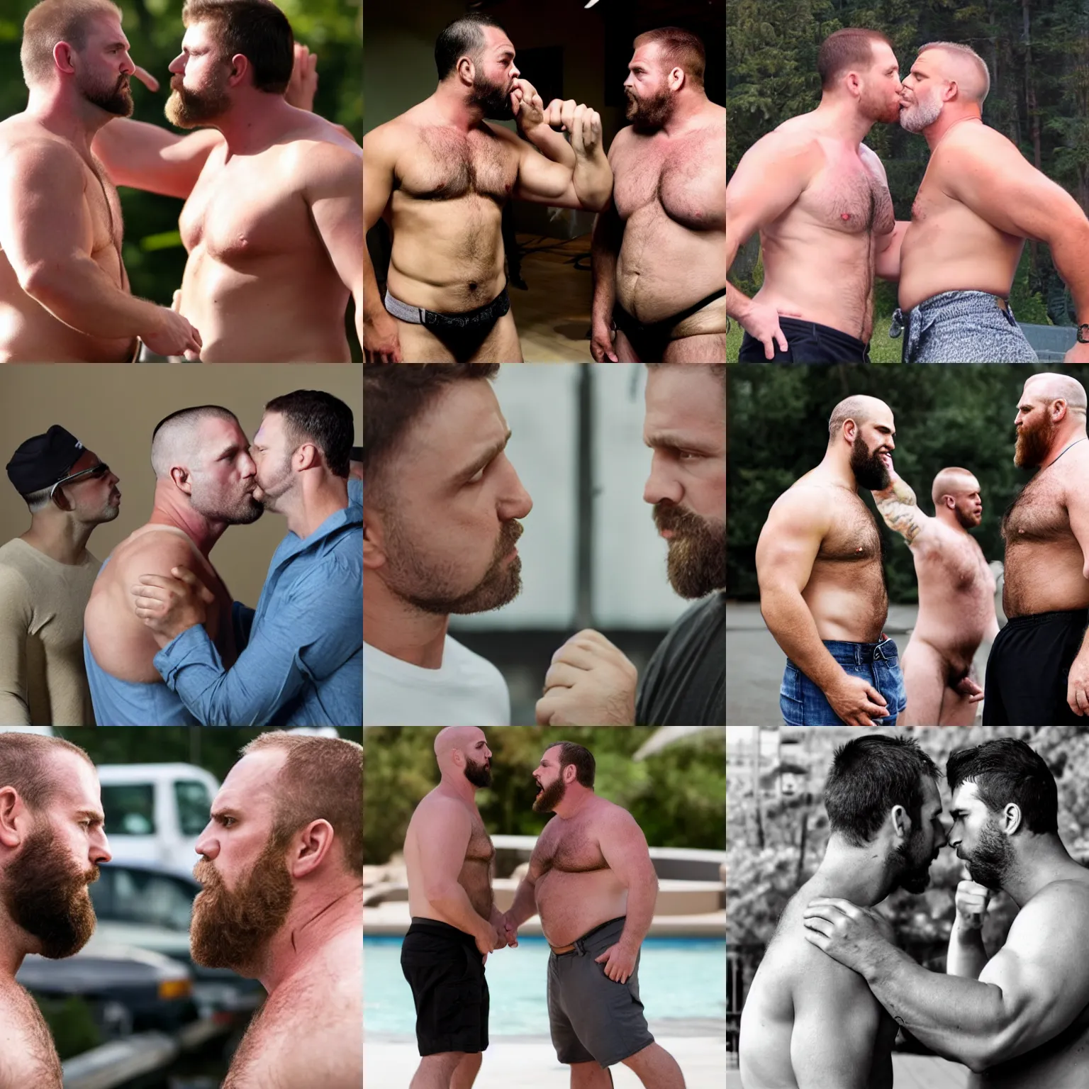 Prompt: burly men with blank stares kissing each other obediently