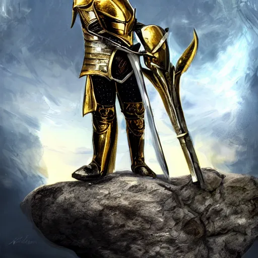 Prompt: knight in shiny gold armor holding diamond sword standing on a rock 8k,detailed, cinematic, concept art, arstation