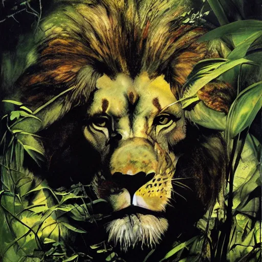 Image similar to lion in the jungle by dave mckean and yoji shinkawa, oil on canvas