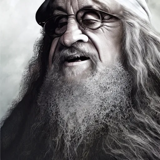 Image similar to danny devito as gandalf the white, lord of the rings movie, full body, hyper realist, high quality, wide angle, illustration, digital art