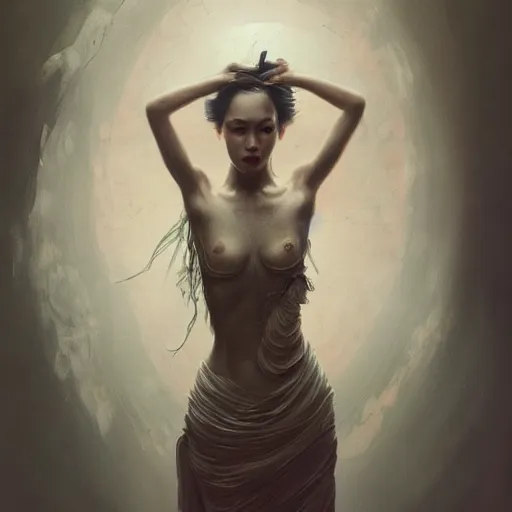 Image similar to Kiko Mizuhara, physically accurate, dramatic dynamic lighting, intricate, elegant, highly detailed, digital painting, artstation, very hyperrealistic, HR GIGER, Hieronymus Bosch, Francis Bacon, concept art, smooth, sharp focus, illustration, art by artgerm and greg rutkowski and alphonse mucha