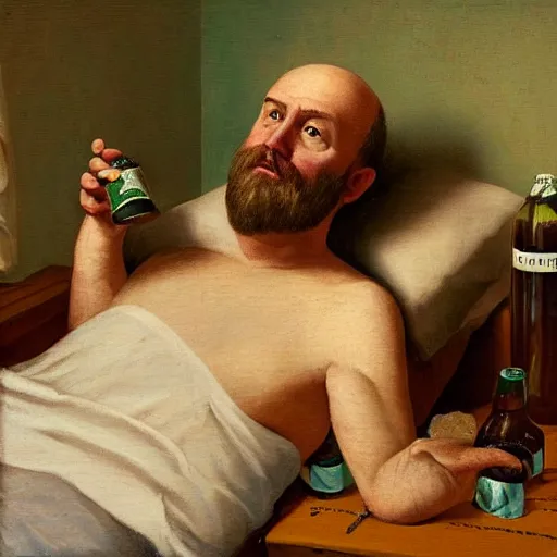 Image similar to a middle aged balding man with a full short beard in a tiny hotel room, depressed, stressed, extremely drunk and surrounded by empty beer cans. Renaissance oil painting.