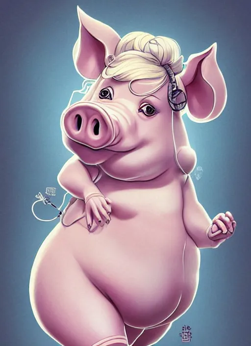 Prompt: Full body Chubby character portrait of a female humanoid pig with a pigtail. She has a cute beautiful attractive detailed pig snout face. She is wearing a white shirt and slacks standing outside a city tattoo parlor with arm tattoos. Character design by charlie bowater, ross tran, artgerm, and makoto shinkai, detailed, inked, western comic book art