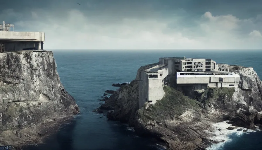 Image similar to coastal perched on a cliff overlooking a magnificient bay, bond villain base, brutalist imperial military base, drawing architecture, imperial architecture in rogue one, pritzker architecture prize, brutalism architecture, jan urschel, greig fraser