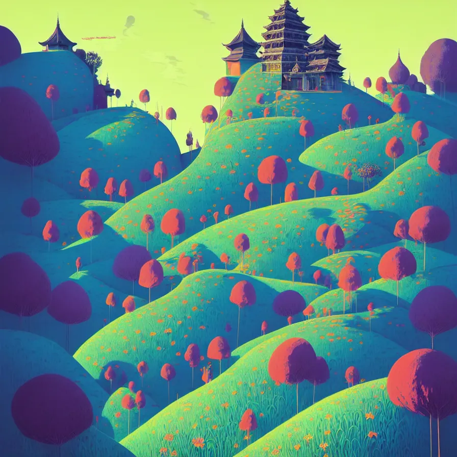 Image similar to ( ( ( gediminas pranckevicius ) ) ), wat bukit perak, summer morning, very coherent and colorful high contrast art by james gilleard floralpunk screen printing woodblock, dark shadows, pastel color, hard lighting