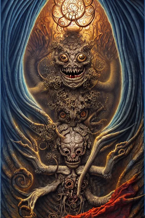 Image similar to A beautiful detailed grotesque monster super cute tarot card, by tomasz alen kopera and Justin Gerard, symmetrical features, ominous, magical realism, texture, intricate, ornate, royally decorated, mechanic, skeleton, whirling smoke, embers, red adornements, blue torn fabric, radiant colors, fantasy, trending on artstation, volumetric lighting, micro details, 3d sculpture, ray tracing, 8k, anaglyph effect, digital art