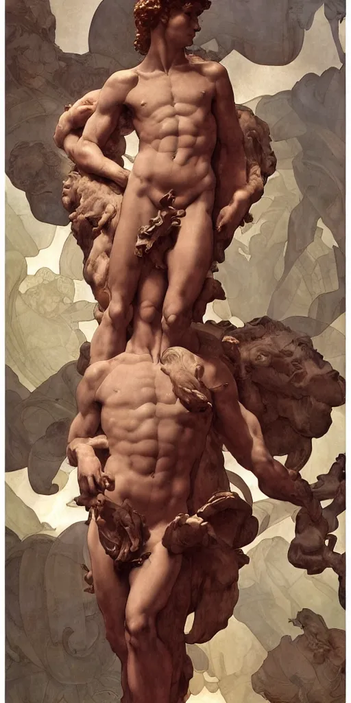 Image similar to Michelangelo\'s David, highly detailed, digital painting, artstation, concept art, smooth, sharp focus, illustration, ArtStation, art by artgerm and greg rutkowski and alphonse mucha and J. C. Leyendecker and Edmund Blair Leighton and Katsuhiro Otomo and Geof Darrow and Phil hale and Ashley wood and Ilya repin and Charlie Bowater