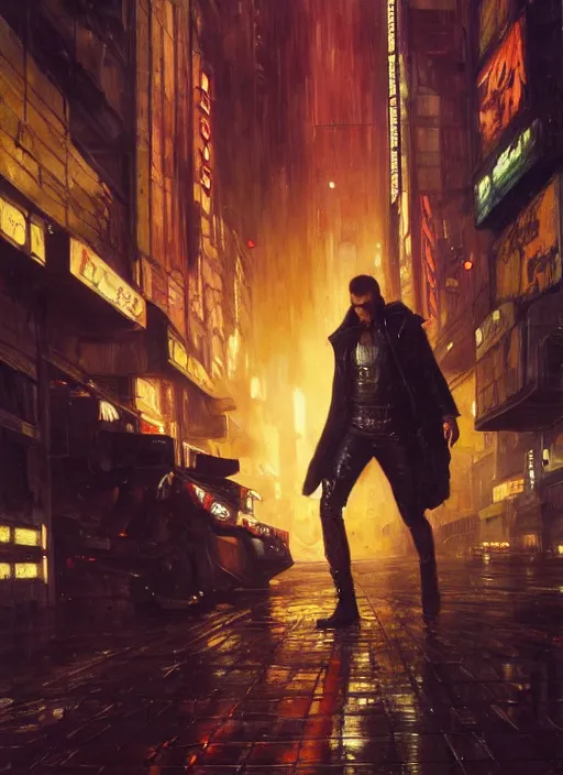 Image similar to blade runner fighting androids ( blade runner 2 0 4 9, cyberpunk 2 0 7 7 character design ). orientalist portrait by john william waterhouse and james gurney and theodore ralli and nasreddine dinet, oil on canvas. cinematic, hyper realism, realistic proportions, dramatic lighting, high detail 4 k