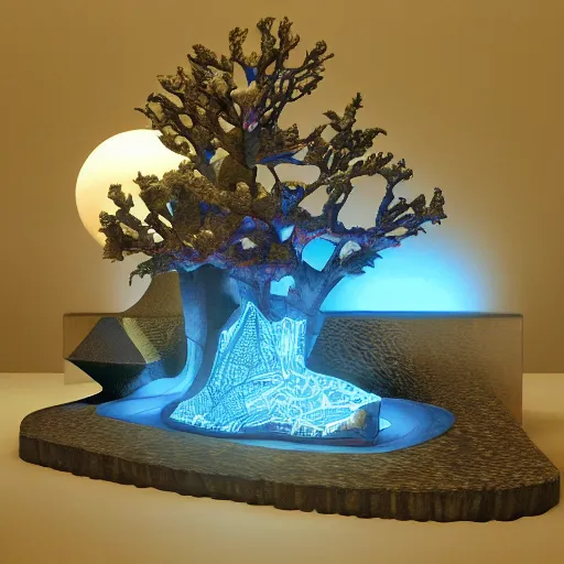 Prompt: layerd small glowing reef rhombu sparrow nickel iceberg mahogany tree , by Ghibli Studios and Leonardo da Vinci and Eleanor Vere Boyle , Global Illumination , cluttered , groovy