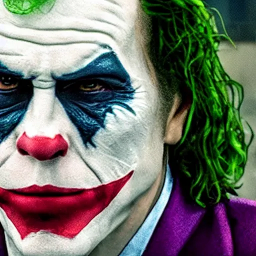 Image similar to Live Action Still of Jerma in The Joker, real life, hyperrealistic, ultra realistic, realistic, highly detailed, epic, HD quality, 8k resolution, body and headshot, film still