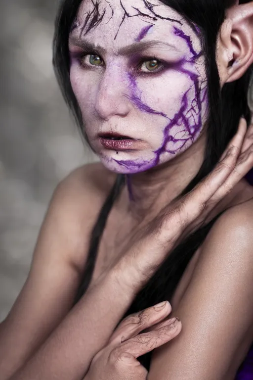 Image similar to highly detailed close up, elder ring, portrait photo of female forest elf black hair, purple eyes, black dress, with scar dramatic light, 8 k, by william didier