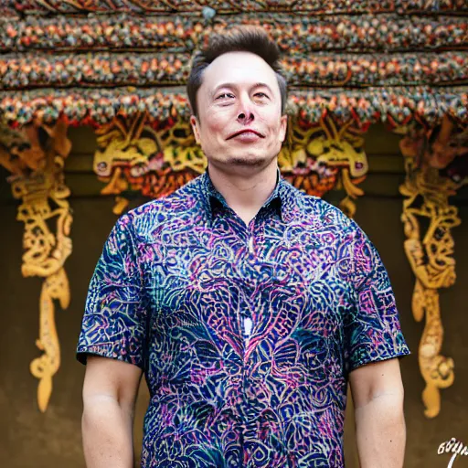 Prompt: A Photo Portrait of elon musk Wearing Indonesian Batik at a Balinese temple, award winning photography, sigma 85mm Lens F/1.4, blurred background, perfect faces