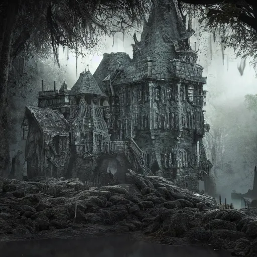 Image similar to full body pose, hyperrealistic photograph of the black castle of rotbog swamp, dim volumetric lighting, 8 k, octane beautifully detailed render, extremely hyper detailed, intricate, epic composition, cinematic lighting, masterpiece, trending on artstation, very very detailed, stunning, hdr, smooth, sharp focus, high resolution, award, winning photo, dslr, 5 0 mm