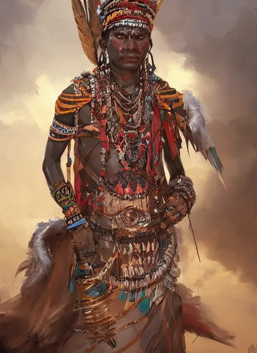 Image similar to A painting of a tribal chief, epic ornate details, trending on artstation in the style of Greg Rutkowski